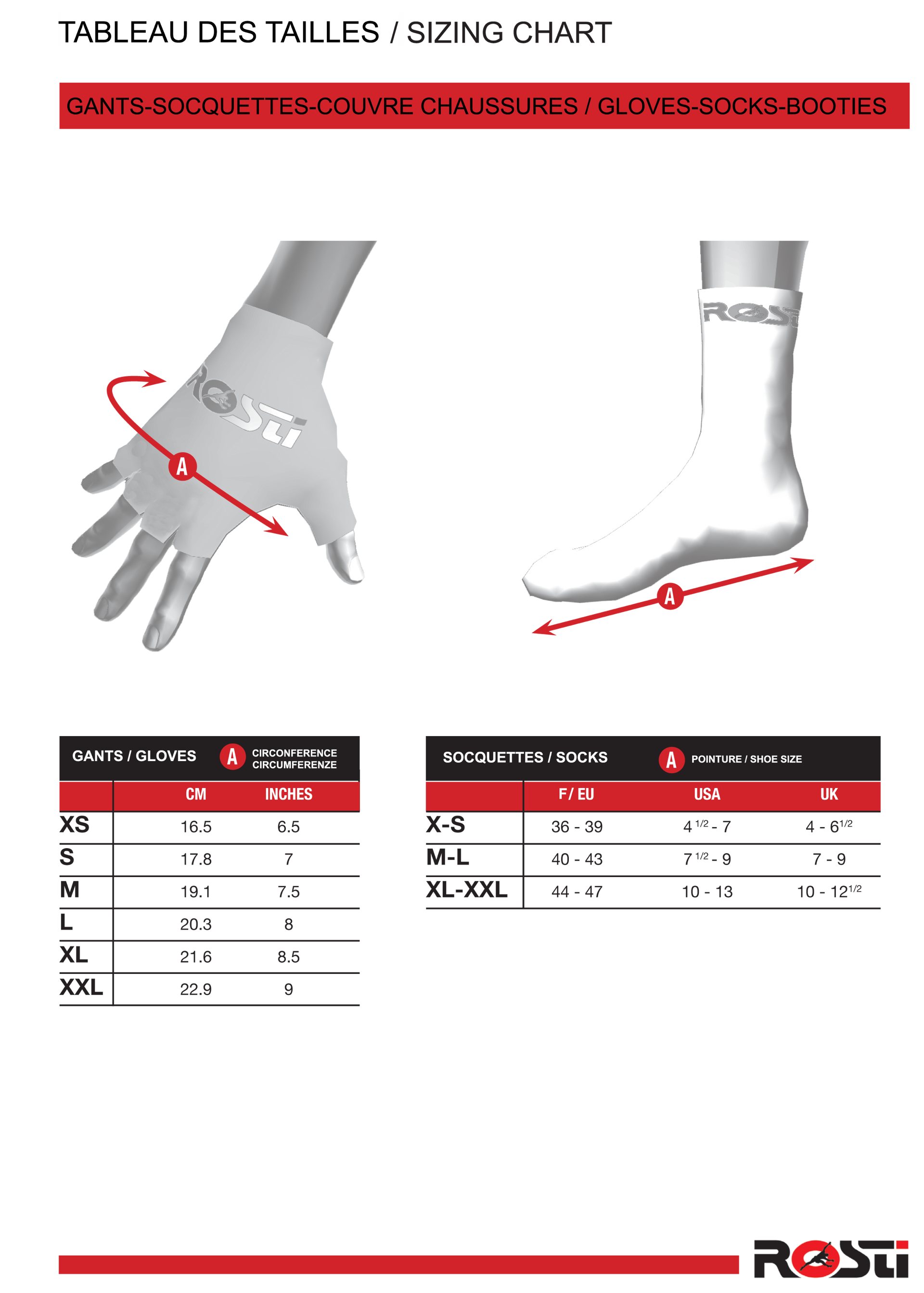 Tailles des gants, soquettes et sur-chaussures